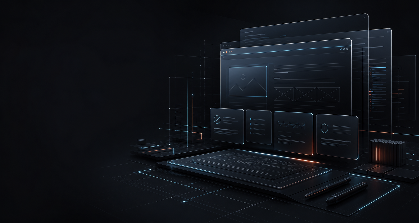 Dark technical website system visual created for the Crestwell About page