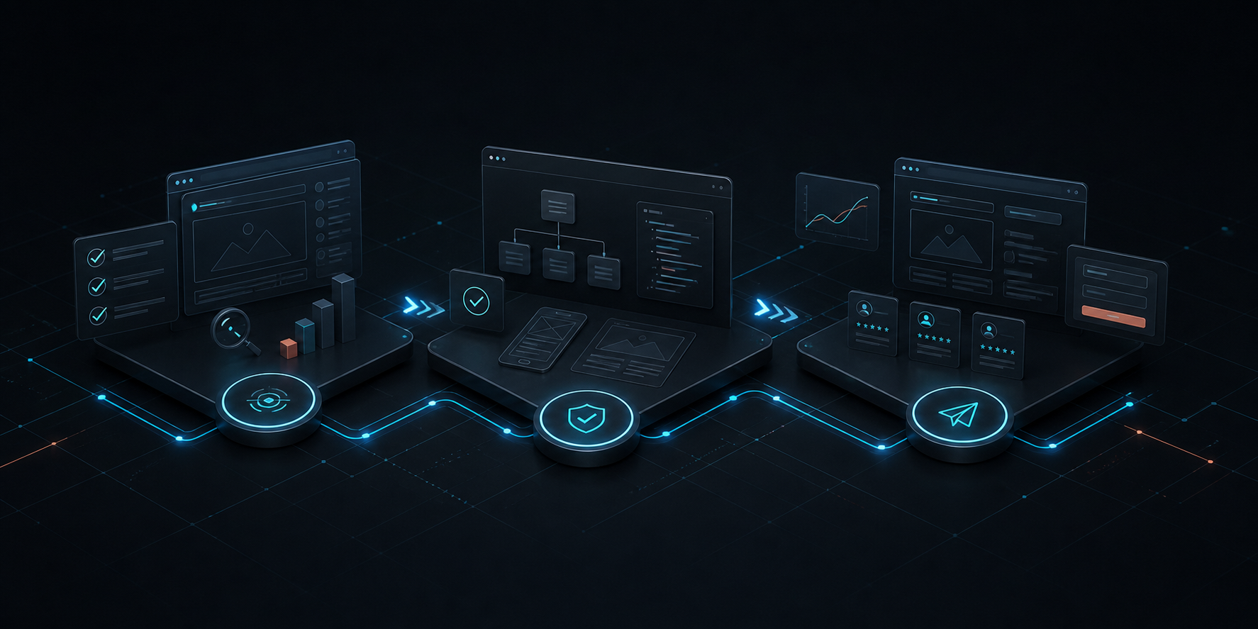 Dark abstract website planning and build process visual created for the Crestwell About page