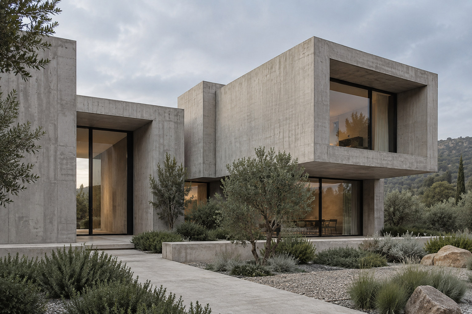 AI-generated illustrative concept: concrete architecture with angular structural forms; not a completed project