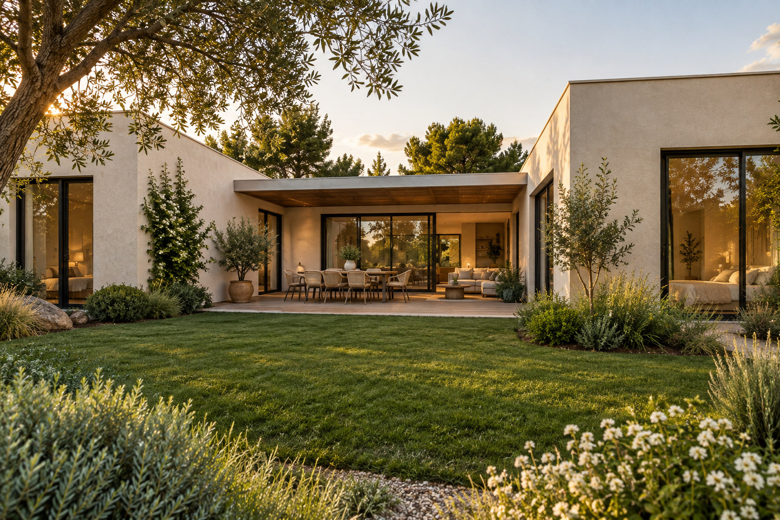 AI-generated illustrative concept: modern home opening onto a garden; not a completed project