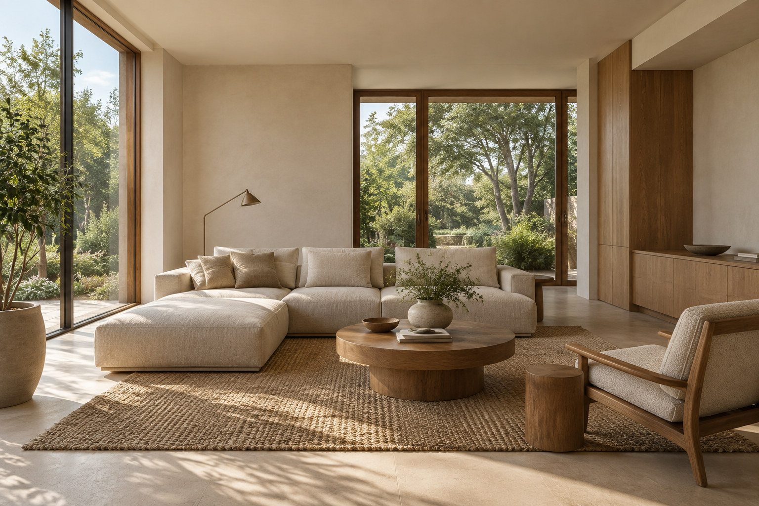 AI-generated illustrative concept: light-filled residential interior; not a completed project