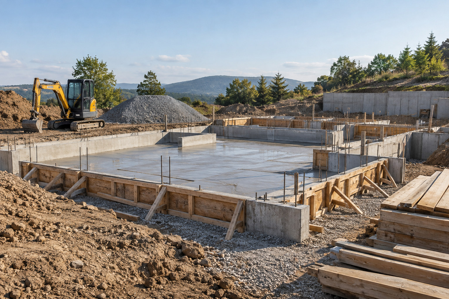 AI-generated illustrative concept: construction site showing work in progress; not a completed project
