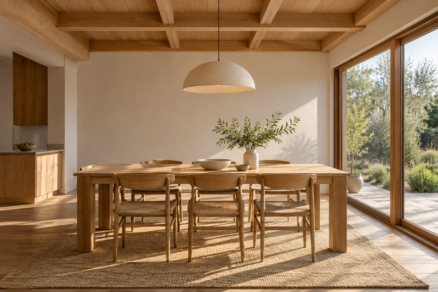 AI-generated illustrative concept: warm home interior with natural materials; not a completed project