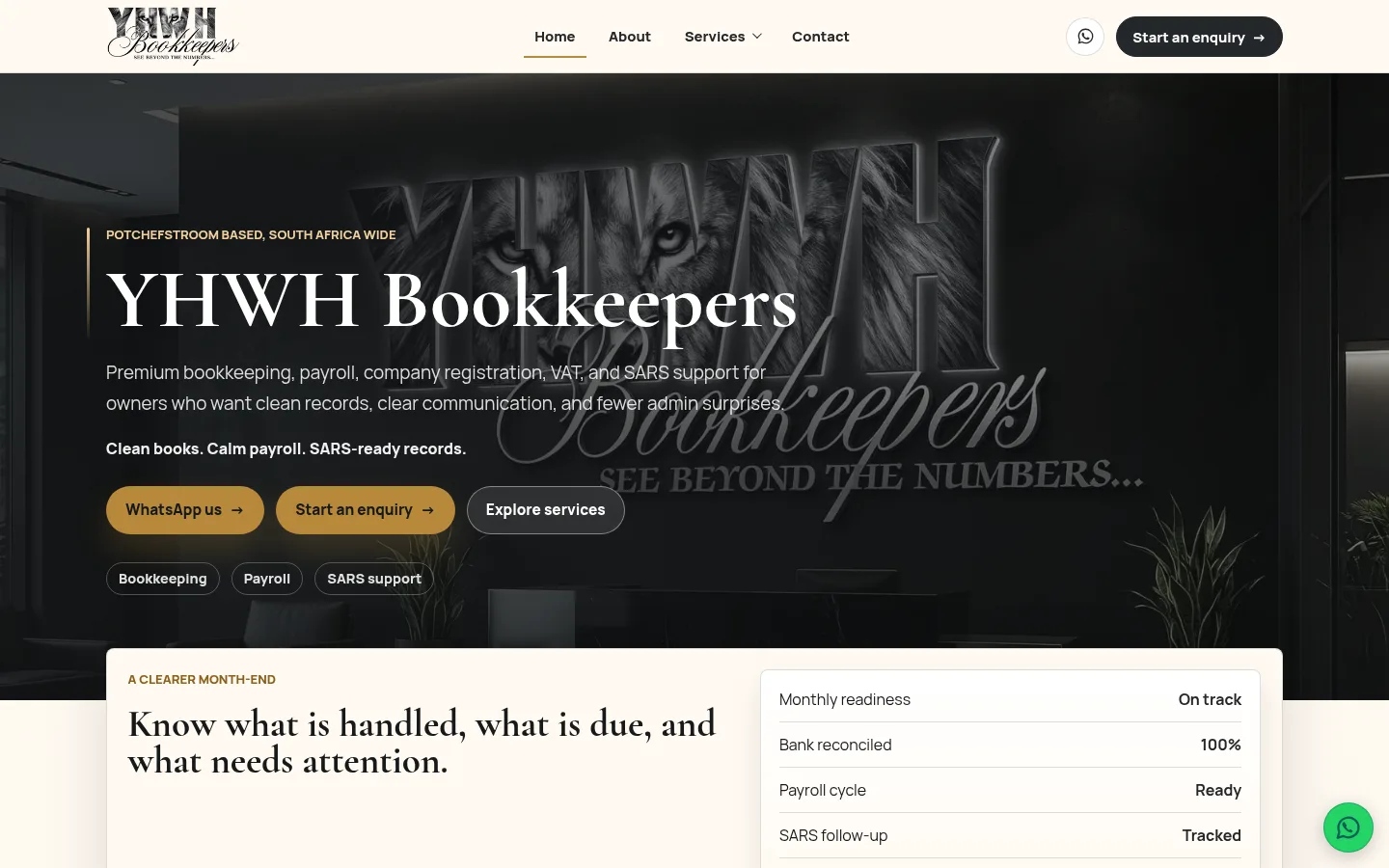 YHWH Bookkeepers website on desktop
